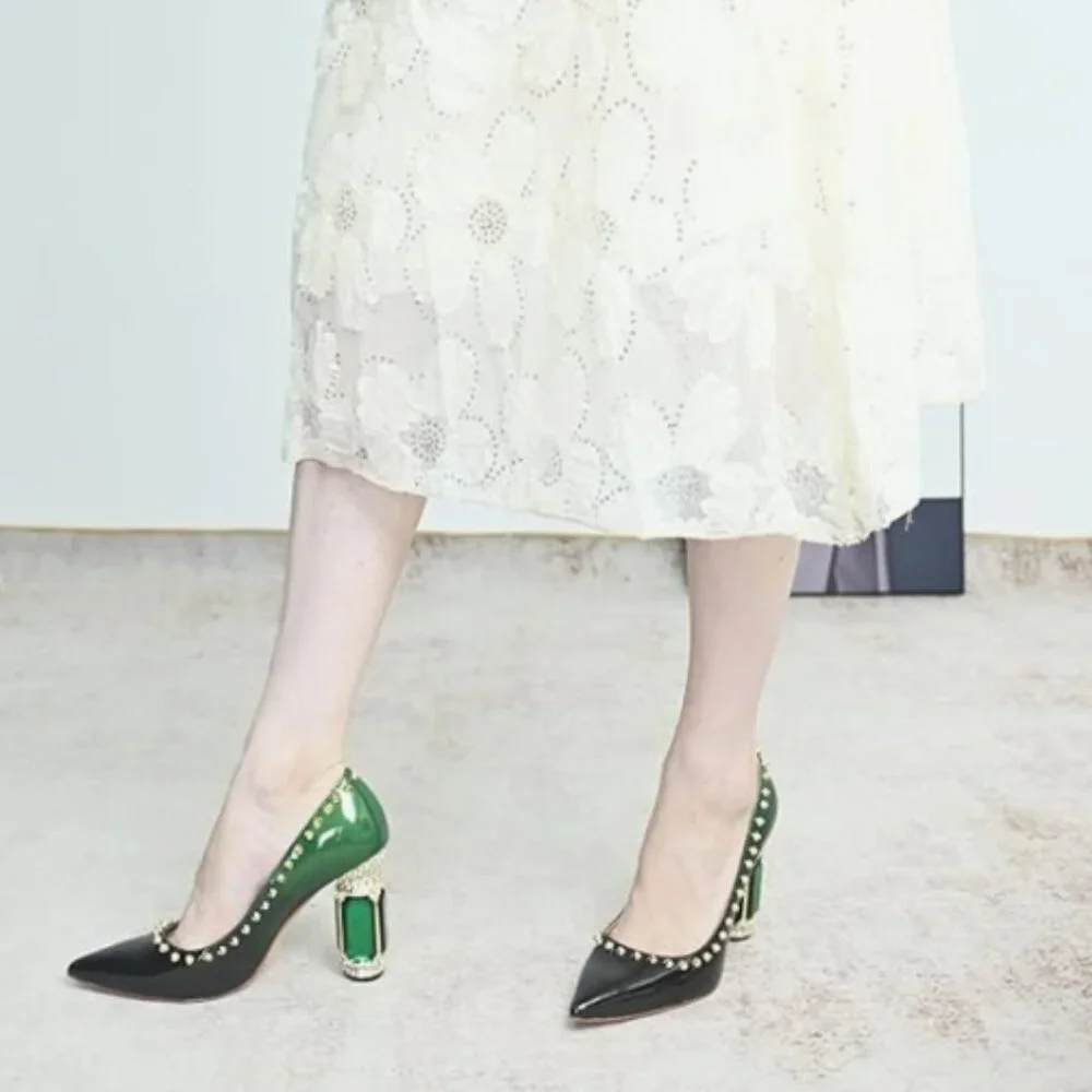 FSJ Green Bridal Pointed Toe Chunky High Heel Crystal Pumps Wedding Dress Shoes